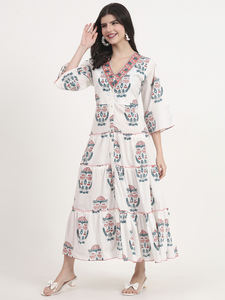 Femmes été décontracté robe de bal Maxi robe imprimé fleuri à plusieurs niveaux col en v 3/4 manches blanc corail sarcelle motif robe florale robe - Product Image 3