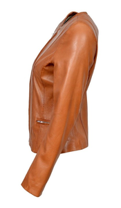 Chaqueta de cuero de Napa real suave de diseñador de moda elegante de bronceado para mujer, chaqueta marrón de cuero puro para mujer - Product Image 4