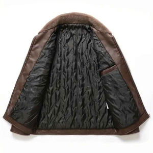 แจ็กเก็ตขี่มอเตอร์ไซค์หนังแท้สำหรับผู้ชายคอเสื้อลูกเรือคอปกเสื้อลำลองขนแกะสำหรับฤดูหนาวสีน้ำตาลเสื้อผ้าแบบพรีเมียม - Product Image 3