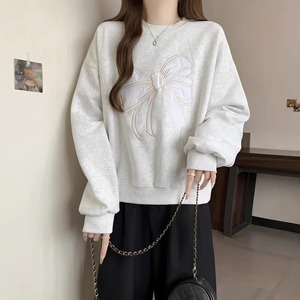 Blusa de manga larga para mujer de primavera y otoño, elegante sudadera vintage con cuello redondo, Camiseta holgada bordada coreana con patrón de lazo - Product Image 4