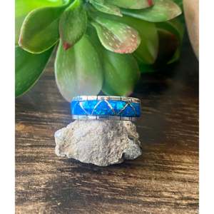 Zuni Handmade Blue Opal & Sterling <b>Silver</b> Gemstone <b>Ring</b> Geometric Design with Rhodium Plating Everyday Wear Cut Pearl Inlay - Product Image 1