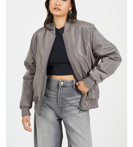 Blouson Bomber en Satin de Polyester Argenté Brodé Personnalisé OEM pour Femme – Tendance, Idéal Soirées, Grande Taille XL, Ultra Fin, Style Universitaire - Product Image 1