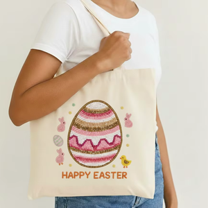 Bolsa de Lona Festiva Bordada de Gran Capacidad, Diseño de Conejito y Pollito, para Mujer, Uso Diario en la Playa - Product Image 1