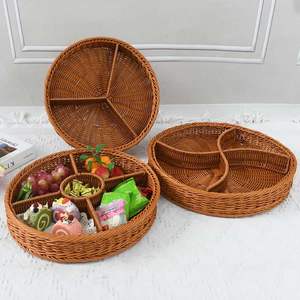ตะกร้าเก็บของทรงกลมแบบแบ่งช่อง ทำจากหวายธรรมชาติ ทอมือ เป็นมิตรกับสิ่งแวดล้อม ดีไซน์ทันสมัย พร้อมหูหิ้ว - Product Image 5