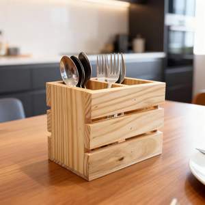 Moderno Porta Cubiertos de Madera Maciza Hecho a Mano con 2 Compartimentos, Acabado Natural, Organizador de Utensilios de Cocina, Tamaño 16x10x12 cm - Product Image 1