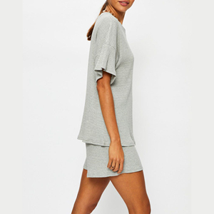 Camiseta a rayas y pantalón corto para mujer, ropa interior acanalada de poliéster Proshah, conjunto de dos piezas, conjunto informal de verano - Product Image 2
