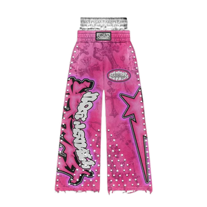 Pantalon de jogging vintage personnalisé, respirant, infroissable, 100% coton, double couche à la taille, orné de strass, délavé à l'acide, évasé - Product Image 3