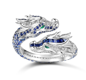 Luxury Dragon Design Sapphire & <b>Emerald</b> Accent Diamond <b>Ring</b> in Rhodium Plated Sterling <b>Silver</b> - Product Image 2