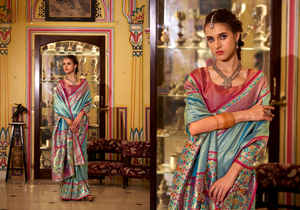 Sari étnico de seda sofisticado con patrón floral vibrante Declaración de tejido suave para pañuelos Combinación impresionante - Product Image 4