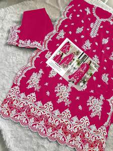 Indian <b>Pakistani</b> Style Ladies Rayon Cotton Silk Lawn Fabric Rani Color Hand Block Printed Semi Stitch Designer Suit Dupatta Set - Product Image 6