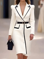 Robe Blazer AOMEI en ivoire avec bordure contrastée, manches longues, boutonnée devant, ceinture, robe de bureau professionnelle