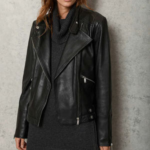 Haute qualité noir femmes longue coque souple veste en cuir respirant toile matériel avec fermeture éclair en gros brut appelant accessoire - Product Image 5