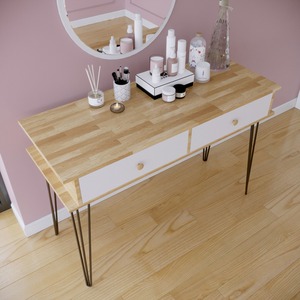 Compact Scandinavian Design Dressing <b>Table</b> with 2 Drawers & <b>Mirror</b> Solid Wood & MDF Chest of Drawers BTD68018 - Product Image 2