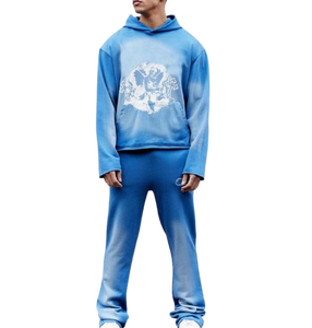 Sweat à capuche personnalisé avec fermeture éclair complète Deux pièces Acide Pierre délavée Survêtements avec broderie en détresse pour hommes - Product Image 1