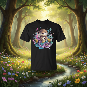 T-shirt promozionale stampata con simpatica lontra e fiori colorati - Product Image 3