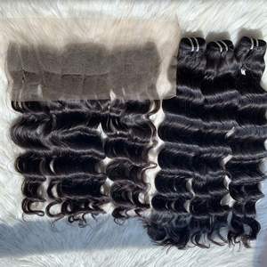 100% Extensions de cheveux Remy vietnamiens cuticule vierge crue alignée faisceaux de cheveux humains ondulés avec fermeture à lacet frontal - Product Image 1