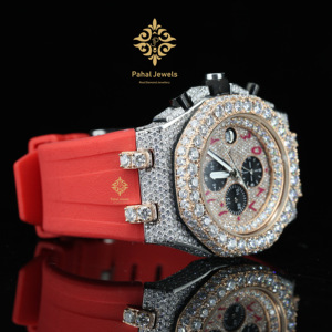 Reloj Mecánico Automático de Lujo en Oro Blanco, Diseño Elegante de Hip Hop Personalizado con Esfera Roja Hecha a Mano y Correa de Goma - Product Image 5