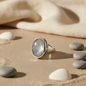 Bague cocktail pour femme en argent 925 avec pierre de lune taille ovale, sertie clos, style bohème géométrique, bijou de tous les jours - Product Image 2