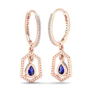 Boucles d'oreilles créoles REYES personnalisées en or 14 carats plaqué rhodium, saphir bleu taille poire 1,5 carat avec diamants pour femme - Product Image 4