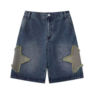 Shorts Vaqueros Personalizados de Color Sólido, Estilo Urbano, Desgastados, con Apliques Bordados, Lavado Ácido, para Hombre - Product Image 1