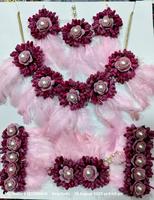 Set Perhiasan Bunga Kain Vintage Desain Baru Buatan Tangan dengan Bulu dan Mutiara, Mawar Buatan, untuk Pakaian Pengantin, Warna Pink Magenta