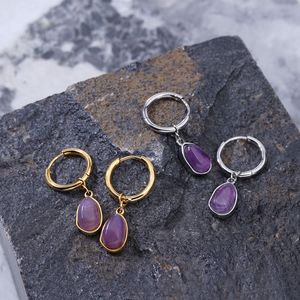 Boucles d'oreilles pendantes en cristal pour femmes, formes géométriques, vert, Aventurine, Agate, améthyste violette, cerceau - Product Image 5