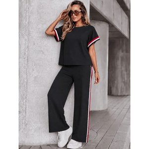 Conjunto de Dos Piezas para Mujer, Blusa de Manga Corta con Cuello Redondo y Pantalones de Viscosa Acanalada de Dos Hilos, 36542 - Negro - Product Image 3