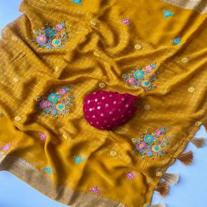 ผ้าส่าหรี VASTRA COTTAGE ผ้าจอร์เจตแท้ พร้อมลายปัก Gamthi ดีไซน์ลายตาราง  ขอบผ้าส่าหรีตกแต่งพู่ห้อย  ผ้าส่าหรีสำหรับงานเลี้ยงสุดหรู - Product Image 6