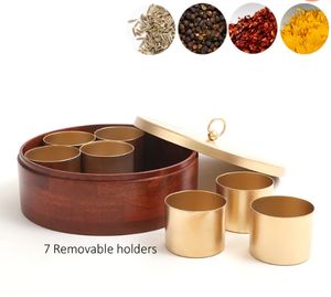 Caja de especias de madera de pino/caja de Masala con tapa dorada siete soportes contenedores contenedor de especias con cuchara decoración de cocina de madera - Product Image 6