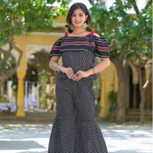 Vestido de algodón negro con estampado geométrico y hombros descubiertos para mujer, elegante atuendo occidental con tiras, perfecto para fiestas y ropa festiva - Product Image 1