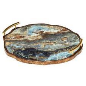 Bandeja de servicio de forma redonda de mármol de la mejor calidad con textura elegante única de Color gris con marco de Metal chapado en oro y suministros de asas - Product Image 5