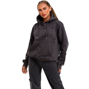 Sudadera de algodón 100% de peso pesado para mujer Sudadera con capucha bordada desgastada con ropa deportiva cómoda Patrón de punto sólido - Product Image 1