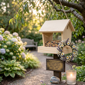 Personalized Wooden Bird Feeder with Engraved Plaque and <b>Memorial</b> <b>Stone</b> Garden Decoration Hanging Outdoor Natural Wood - Product Image 2