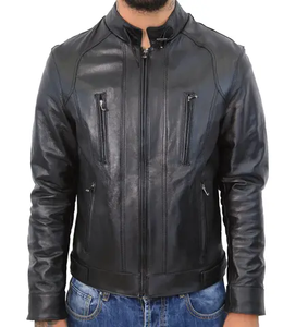 Chaqueta de Cuero de Oveja Personalizada para Hombre, Chaqueta de Cuero de Motocicleta Negra, Elegante y a la Moda, de Alta Calidad - Product Image 1