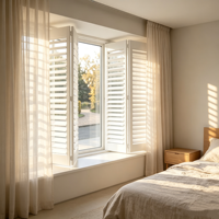 Volets en bois sur mesure de style plantation blancs pour portes françaises de chambre à coucher, fabrication OEM