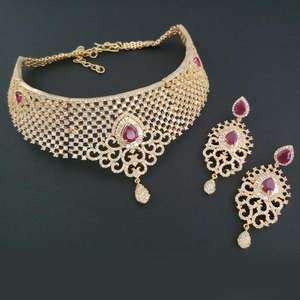 Blue Diamond Ruby & American Diamond Brass Fine Jewelry Necklace Set FBI0004 - Product Image 1