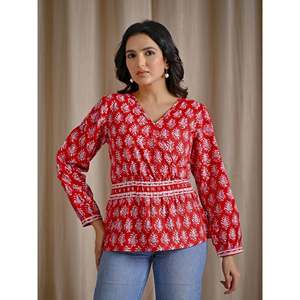 Top Corto Informal Rojo de Algodón con Estampado a Mano, Cintura Imperio, Diseño Transpirable - Product Image 5