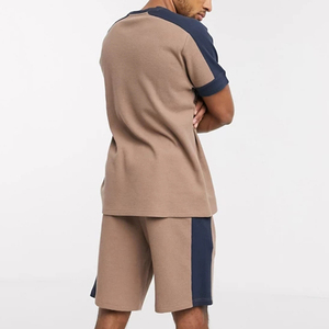 Ensemble 2 pièces de t-shirt et short à manches courtes en coton décontracté pour hommes, panneaux à blocs de couleurs, col rond, design respirant pour l'été - Product Image 2
