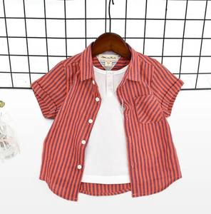 Conjunto de dos piezas de camisa de solapa de manga corta para niños a rayas transpirables de algodón informal para niños - Product Image 6