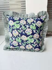 Cotton <b>Cushion</b> Cover with Floral Block <b>Print</b> Luxury Portrait Throw Pillows Boho Raffle Frill Pillow Covers - Product Image 5