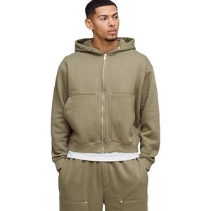 Vêtement de survêtement ample en molleton d'hiver pour homme, personnalisé en gros, respirant, couleur kaki, fermeture éclair, sweat à capuche, 100% coton, molleton de coton - Product Image 5