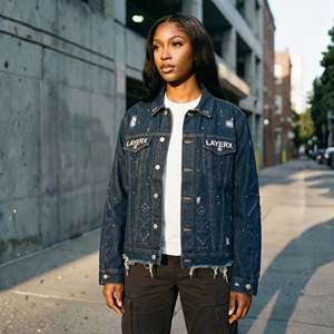 Custom Women Finished Heavyweight Denim Jacket <b>Fabric</b> Applique Cross Patchwork <b>Rhinestone</b> Studded Distress Ripped Streetwear - Product Image 2