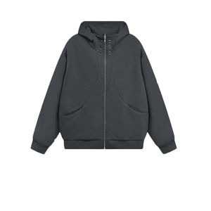 Sweat à capuche rétro délavé à l'acide pour hommes en tissu éponge épais fermeture à glissière complète épaules tombantes coupe ample motif brodé personnalisé - Product Image 1