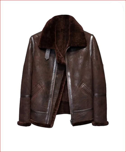 Men Genuine Sheep Skin Pilot Aviator Jacket Warm Dark Brown Turn-<b>Down</b> Collar Zipper Closure Fur Trim Waterproof Eco-Friendly - Product Image 3