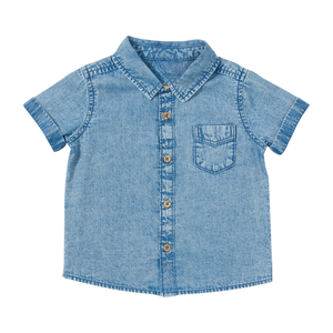 Camisa Vaquera de Lavado Profundo, Manga Larga, Cuello Mao, Transpirable, con Botones en la Parte Delantera, Bolsillo en el Pecho, Suave, Duradera, Informal, Estilo Clásico - Product Image 1