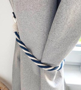 <b>Nautical</b> Rope <b>Curtain</b> Tieback Twisted Navy Jute & White Cotton Holder - Product Image 2