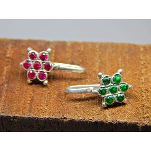 925 <b>Sterling</b> <b>Silver</b> <b>Nose</b> <b>Stud</b> with Ruby & Emerald Diamond Hook Pattern Round <b>Nose</b> Ring - Product Image 4