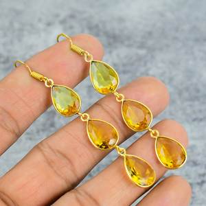 Pendientes de tres piedras preciosas citrino, pendientes llamativos chapados en oro de Plata de Ley 925, Pendientes colgantes de piedras preciosas de pera hechos a mano - Product Image 1