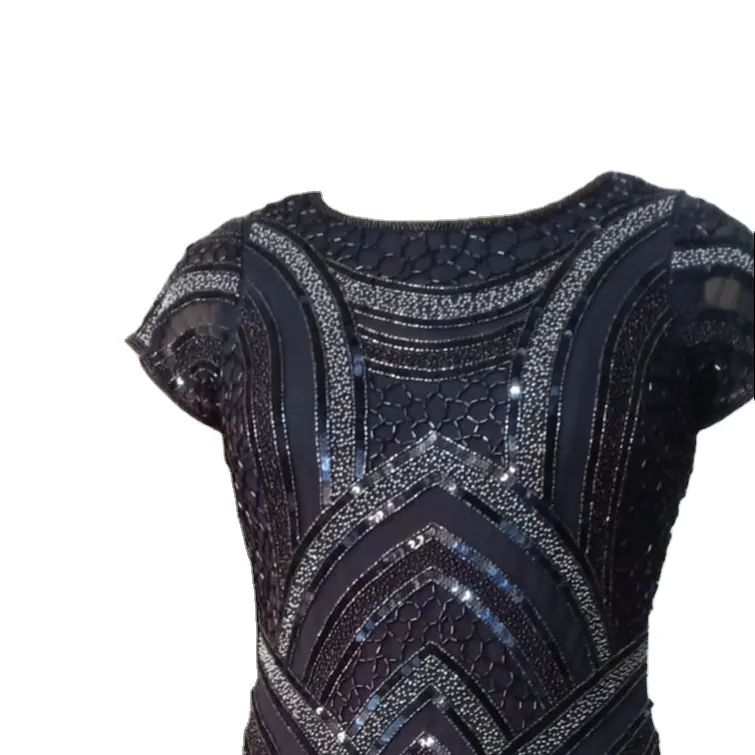 Hot Sexy Beautiful Sequin Hand Embroidery Knee Length Boat Shape Neck Line Short Sleeve cocktail Party Dress