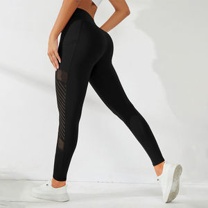 Wholesale Women's High Waist Yoga <b>Leggings</b> <b>Butt</b> <b>Lift</b> Black Mesh Sheer Sports Pants Custom Logo XL Size Seamless Pockets Stripes - Product Image 2